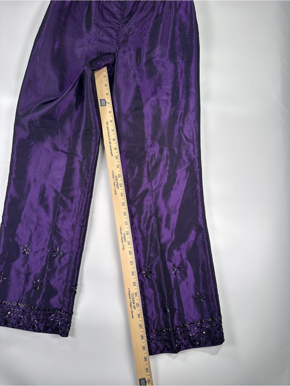 SILX Straight Leg Pants Beaded Hem High Waist Iridescent Silk Purple 4P - Picture 10 of 13
